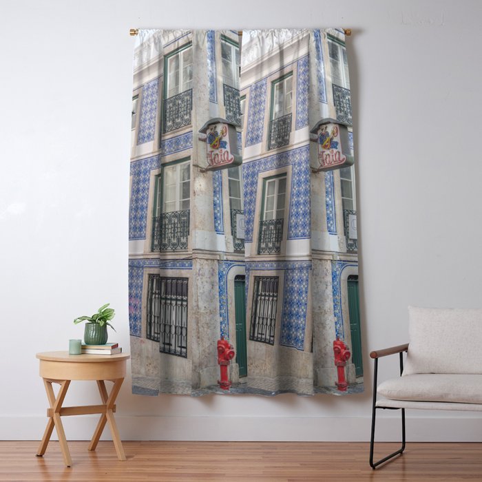 Blue azulejos on a corner building in Alfama, Lisbon, Portugal - street and travel photography Window Curtain Gallery Image 5