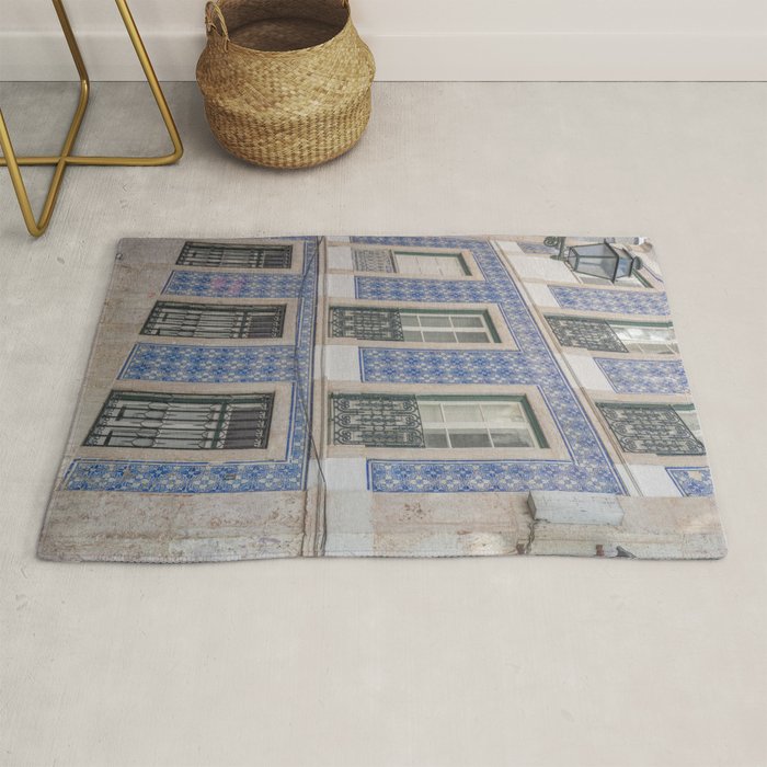 Blue azulejos on a corner building in Alfama, Lisbon, Portugal - street and travel photography Rug Gallery Image 1