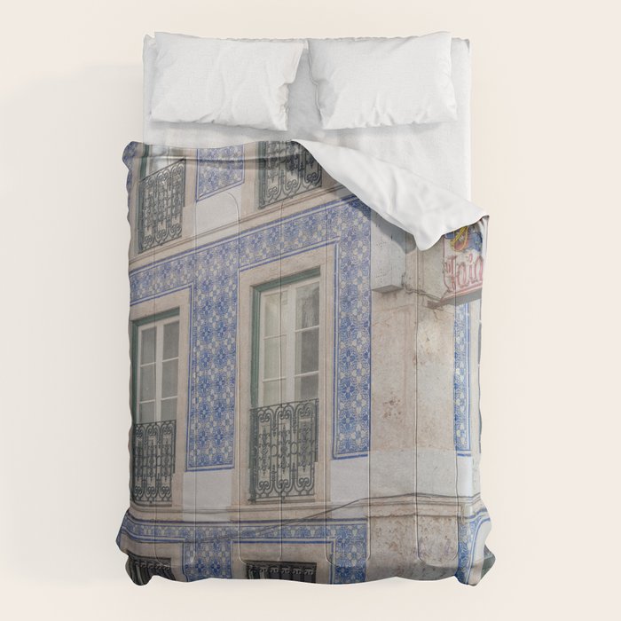 Blue azulejos on a corner building in Alfama, Lisbon, Portugal - street and travel photography Comforter Gallery Image 6