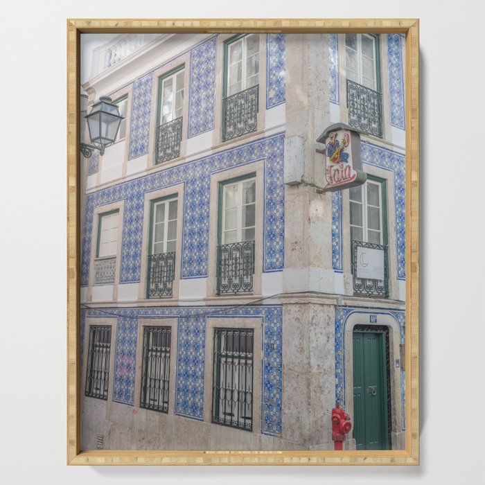 Blue azulejos on a corner building in Alfama, Lisbon, Portugal - street and travel photography Serving Tray Gallery Image 1