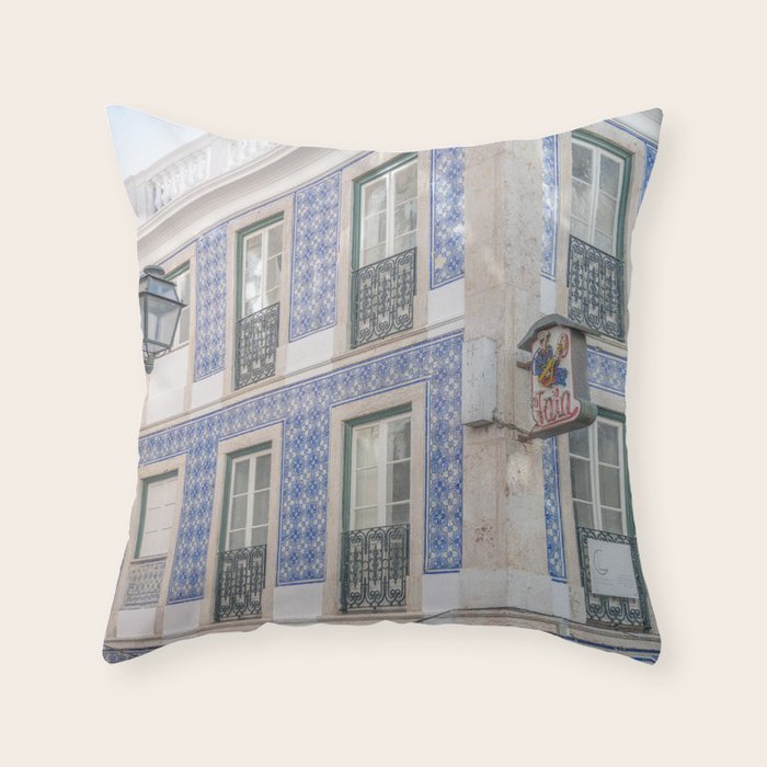 Blue azulejos on a corner building in Alfama, Lisbon, Portugal - street and travel photography Throw Pillow Gallery Image 1