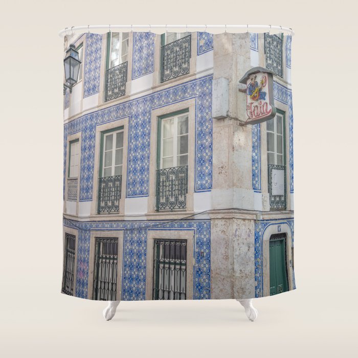 Blue azulejos on a corner building in Alfama, Lisbon, Portugal - street and travel photography Shower Curtain Gallery Image 1