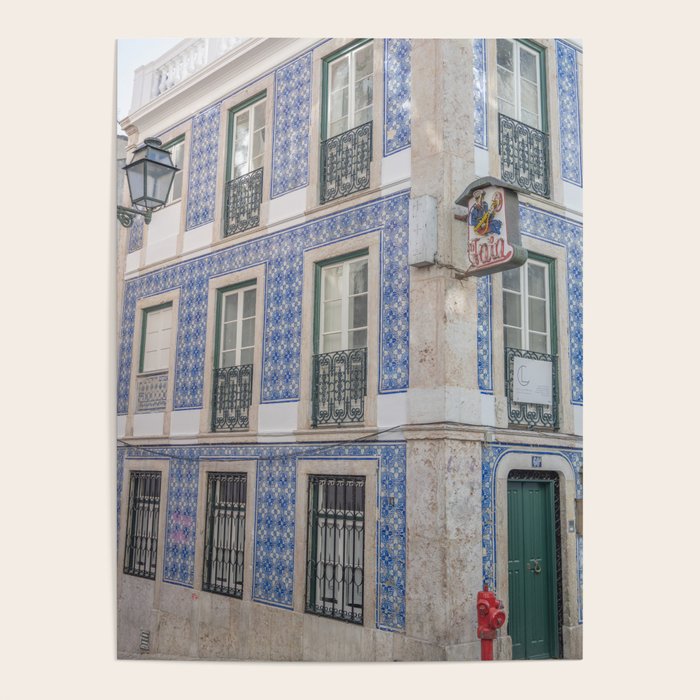 Blue azulejos on a corner building in Alfama, Lisbon, Portugal - street and travel photography Poster Gallery Image 4