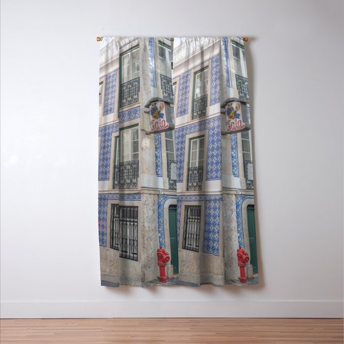 Blue azulejos on a corner building in Alfama, Lisbon, Portugal - street and travel photography Window Curtain Gallery Image 3