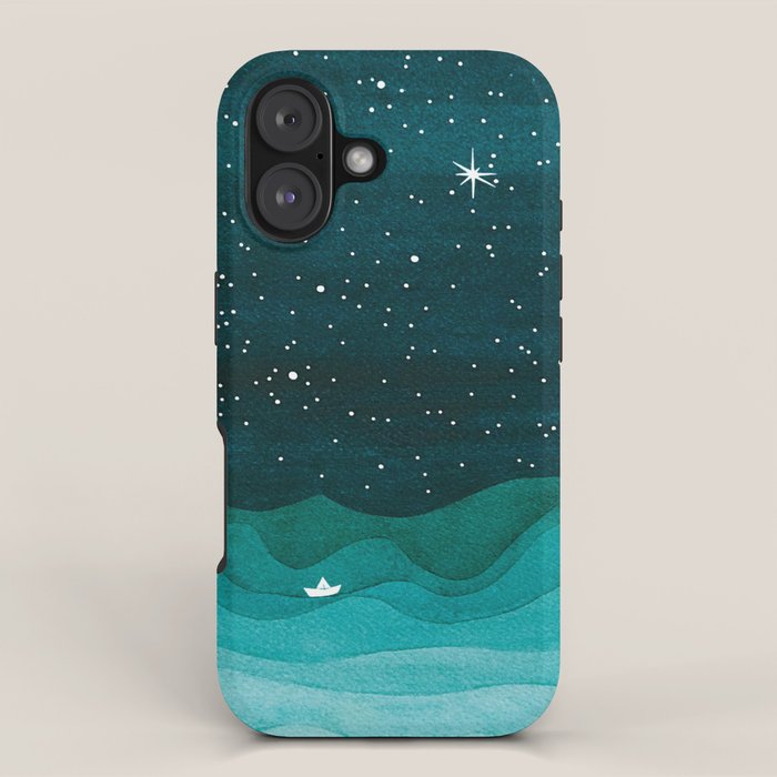Starry Ocean, teal sailboat watercolor sea waves night iPhone Case Gallery Image 1