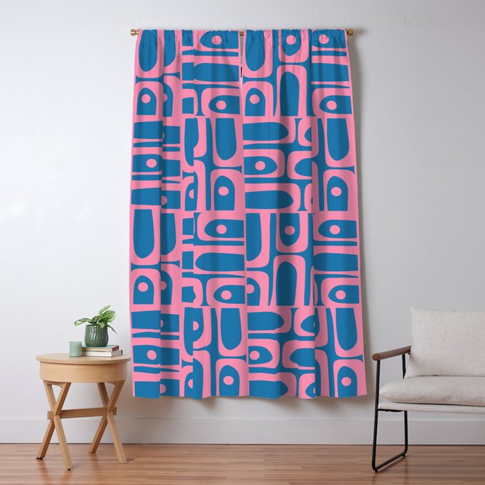 Mid Century Modern Piquet Abstract Multi Pattern in Colorful Pink and Blue Window Curtain Gallery Image 5
