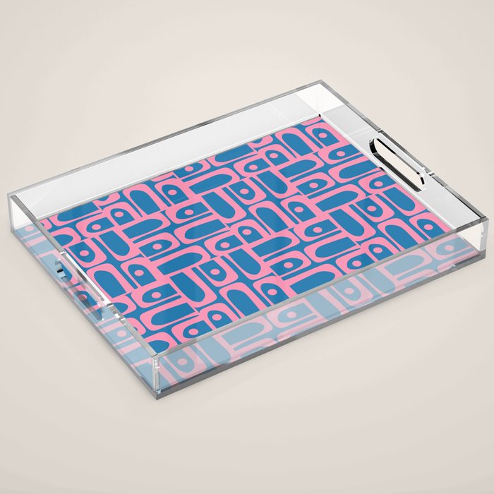 Mid Century Modern Piquet Abstract Multi Pattern in Colorful Pink and Blue Acrylic Tray Gallery Image 1