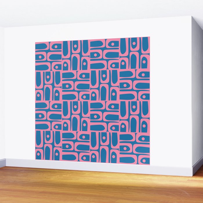 Mid Century Modern Piquet Abstract Multi Pattern in Colorful Pink and Blue Wall Mural Gallery Image 2