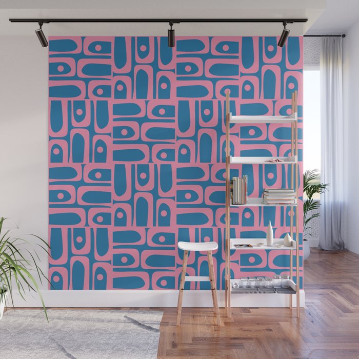 Mid Century Modern Piquet Abstract Multi Pattern in Colorful Pink and Blue Wall Mural Gallery Image 1