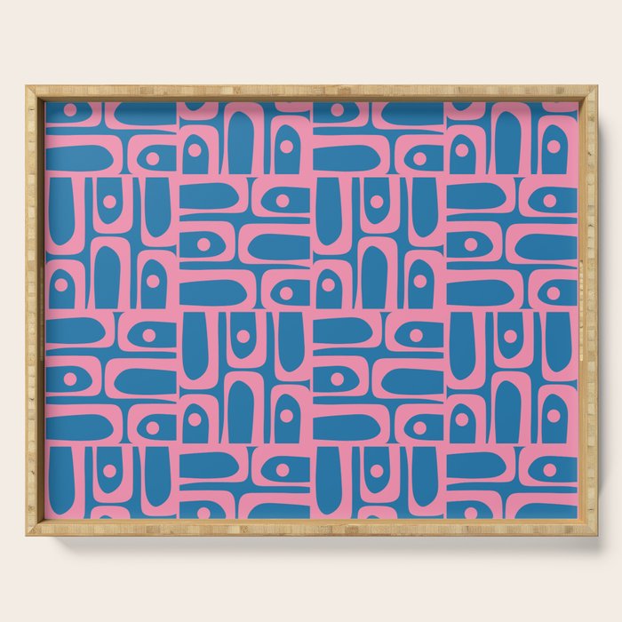 Mid Century Modern Piquet Abstract Multi Pattern in Colorful Pink and Blue Serving Tray Gallery Image 1