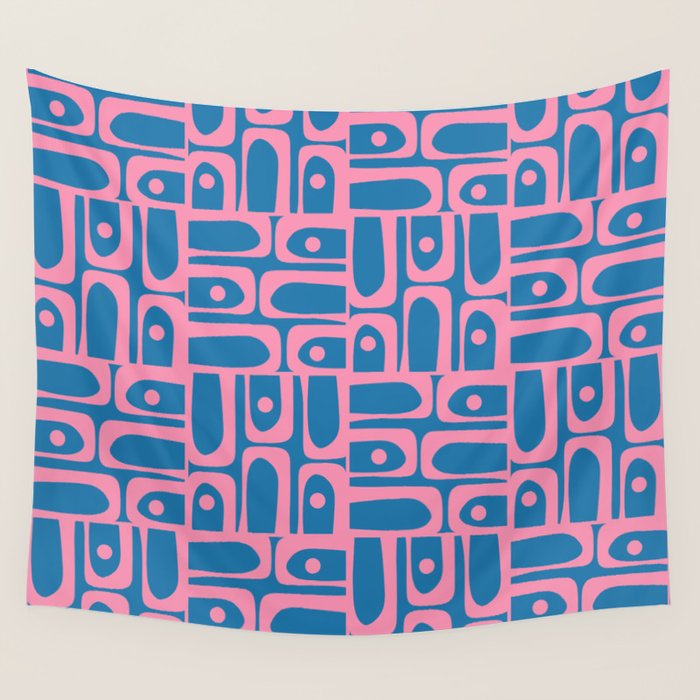 Mid Century Modern Piquet Abstract Multi Pattern in Colorful Pink and Blue Wall Tapestry Gallery Image 4