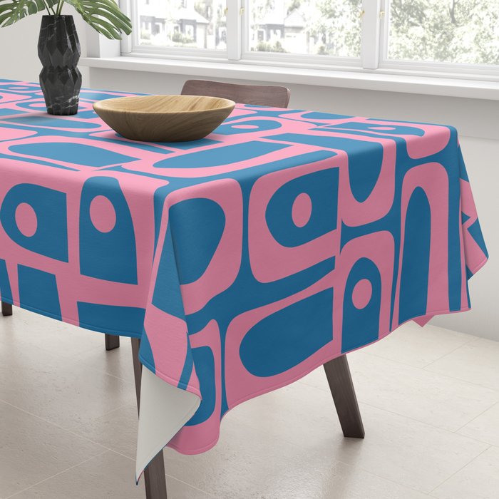 Mid Century Modern Piquet Abstract Multi Pattern in Colorful Pink and Blue Tablecloth Gallery Image 3
