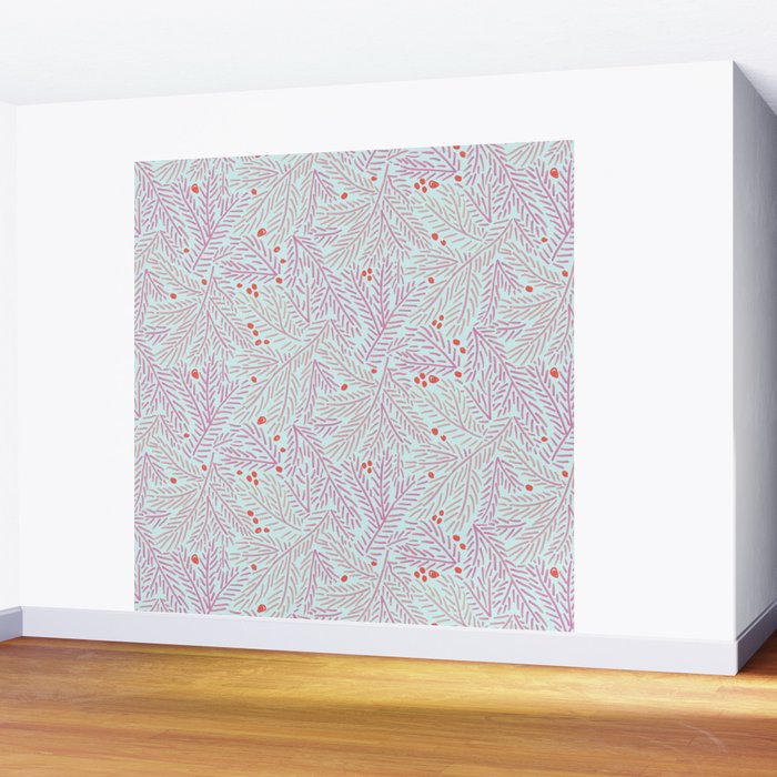 Winter Berries & Pine Branches in Teal & Pink Wall Mural Gallery Image 2