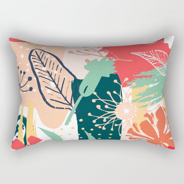 Summer Floral Prints, Abstract, Red and Green, Colourful Prints. Rectangular Pillow Gallery Image 1