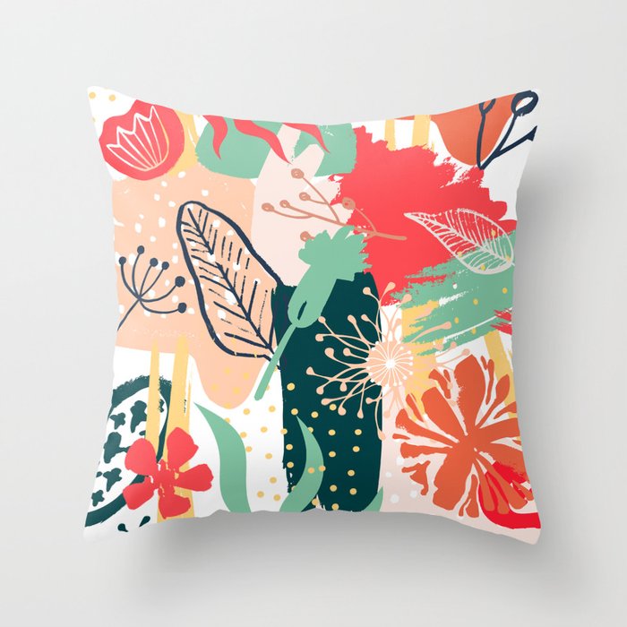Summer Floral Prints, Abstract, Red and Green, Colourful Prints. Throw Pillow Gallery Image 1