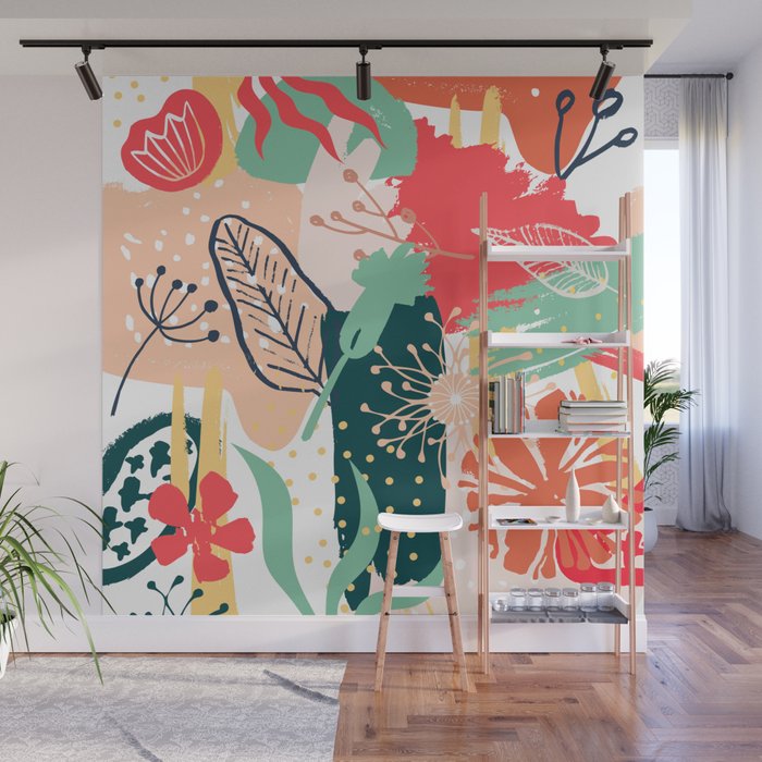 Summer Floral Prints, Abstract, Red and Green, Colourful Prints. Wall Mural Gallery Image 1