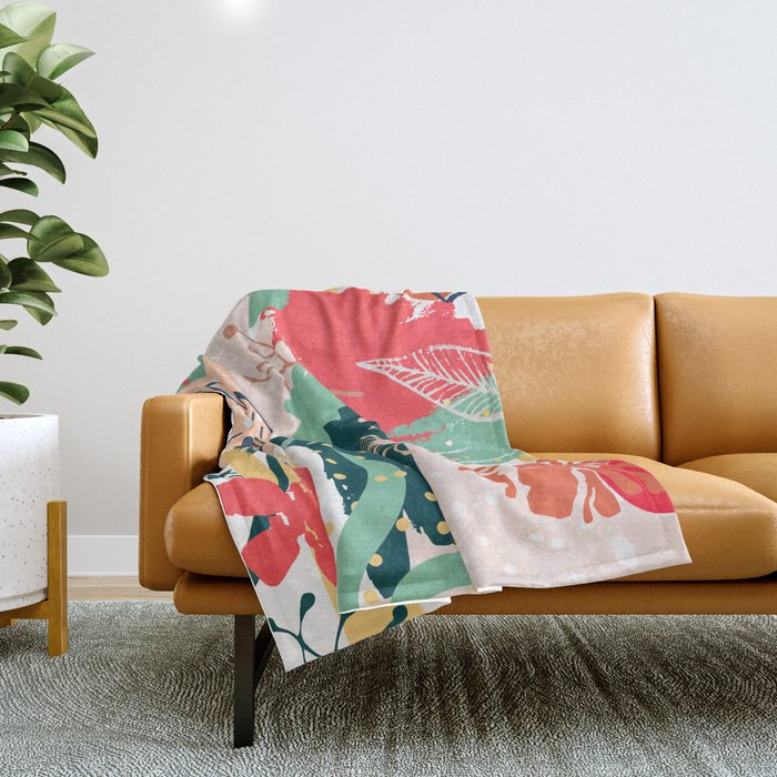 Summer Floral Prints, Abstract, Red and Green, Colourful Prints. Throw Blanket Gallery Image 1