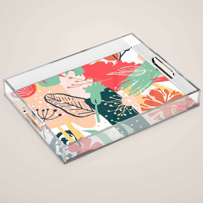 Summer Floral Prints, Abstract, Red and Green, Colourful Prints. Acrylic Tray Gallery Image 1