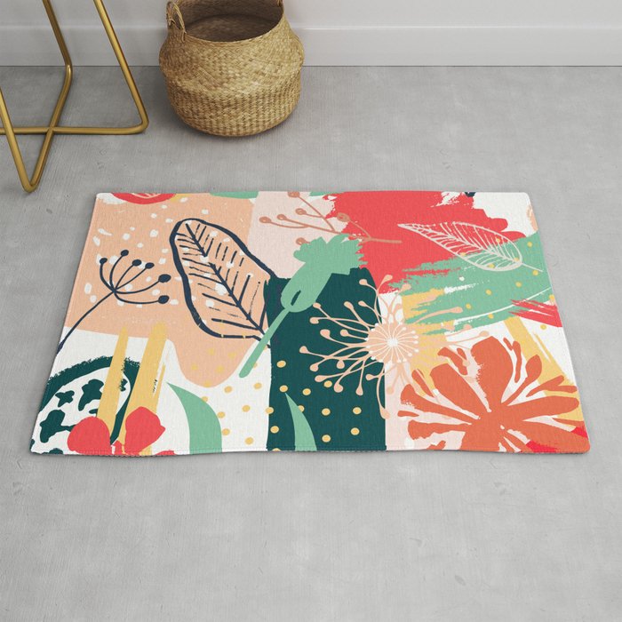 Summer Floral Prints, Abstract, Red and Green, Colourful Prints. Rug Gallery Image 1