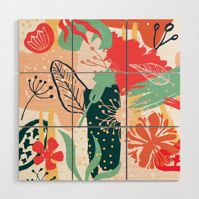 Summer Floral Prints, Abstract, Red and Green, Colourful Prints. Wood Wall Art Gallery Image 1