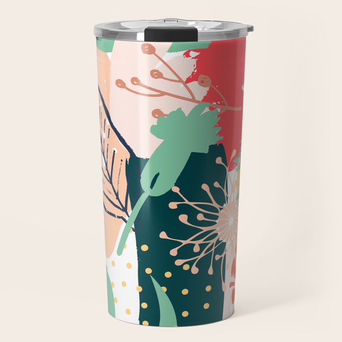 Summer Floral Prints, Abstract, Red and Green, Colourful Prints. Travel Mug Gallery Image 1