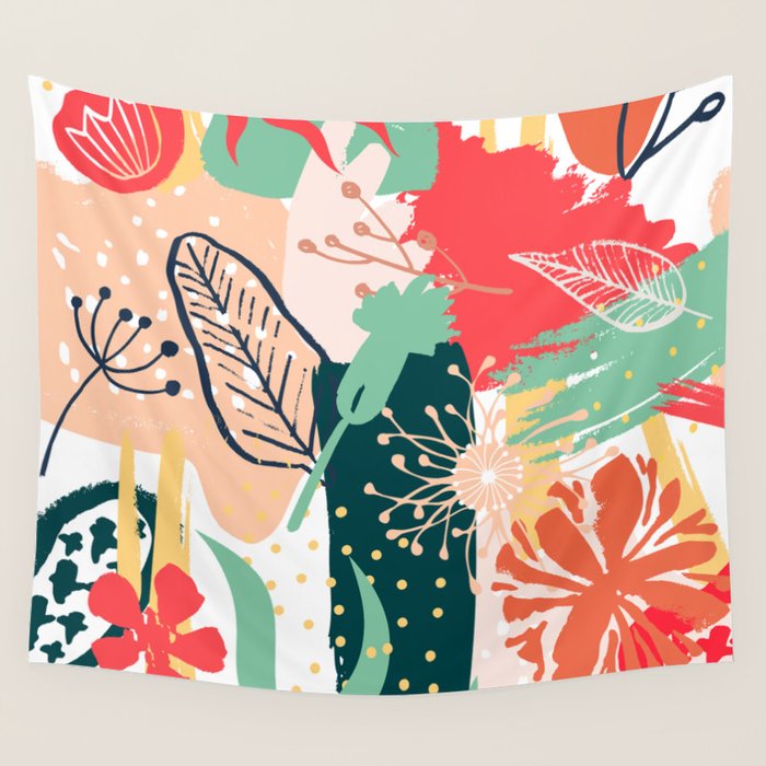 Summer Floral Prints, Abstract, Red and Green, Colourful Prints. Wall Tapestry Gallery Image 4