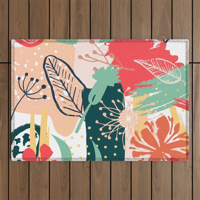 Summer Floral Prints, Abstract, Red and Green, Colourful Prints. Outdoor Rug Gallery Image 1
