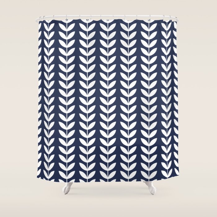 Navy Blue and White Scandinavian leaves pattern Shower Curtain Gallery Image 1
