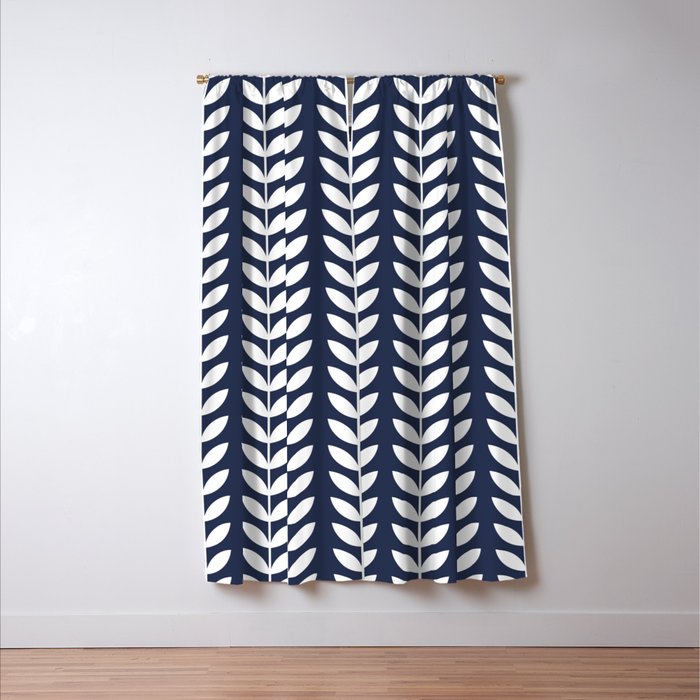 Navy Blue and White Scandinavian leaves pattern Window Curtain Gallery Image 3