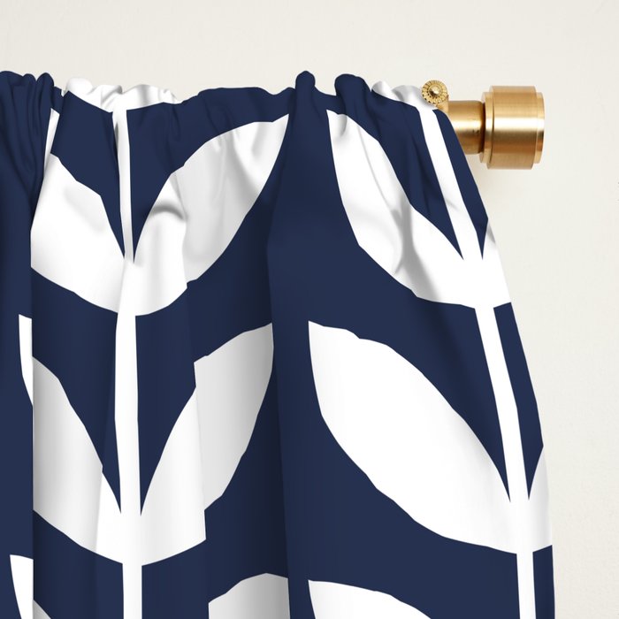 Navy Blue and White Scandinavian leaves pattern Window Curtain Gallery Image 2