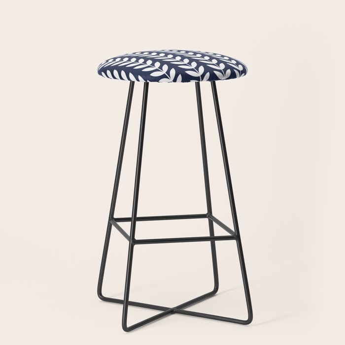 Navy Blue and White Scandinavian leaves pattern Stool Gallery Image 1