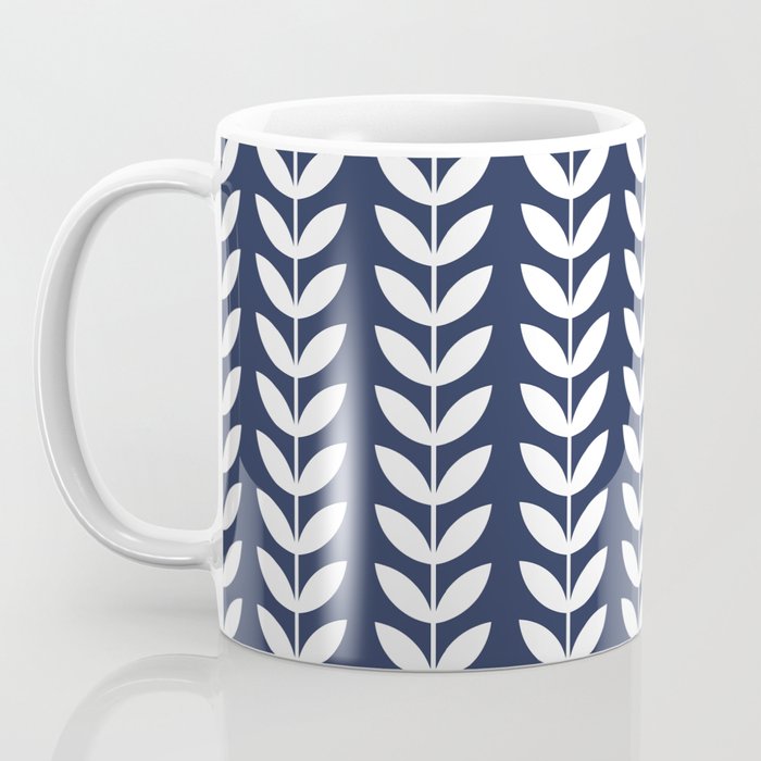 Navy Blue and White Scandinavian leaves pattern Coffee Mug Gallery Image 3
