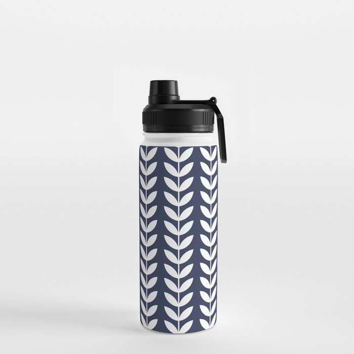 Navy Blue and White Scandinavian leaves pattern Water Bottle Gallery Image 2