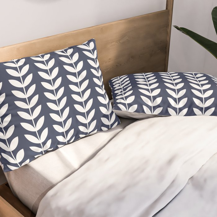 Navy Blue and White Scandinavian leaves pattern Pillow Sham Gallery Image 2
