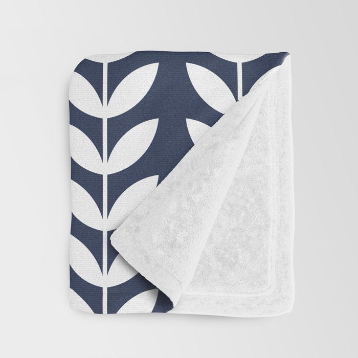 Navy Blue and White Scandinavian leaves pattern Throw Blanket Gallery Image 3
