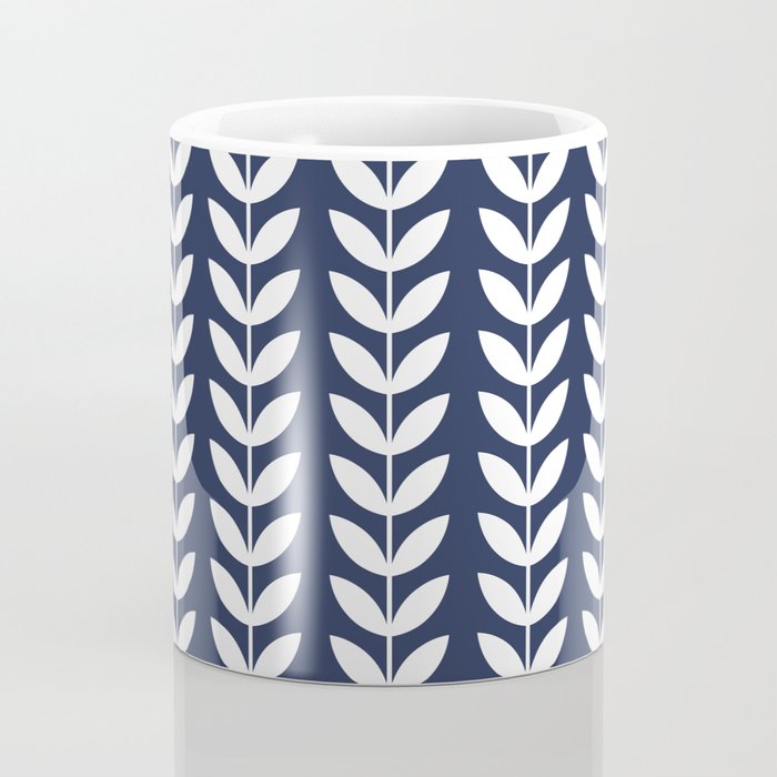 Navy Blue and White Scandinavian leaves pattern Coffee Mug Gallery Image 4