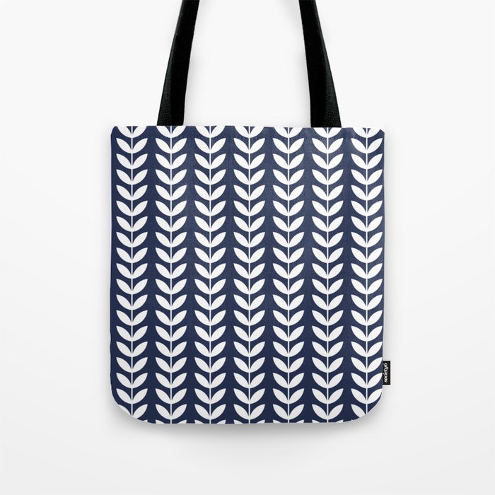 Navy Blue and White Scandinavian leaves pattern Tote Bag Gallery Image 1
