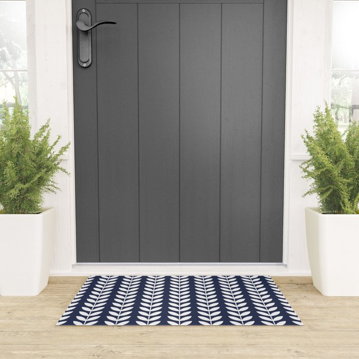 Navy Blue and White Scandinavian leaves pattern Welcome Mat Gallery Image 3