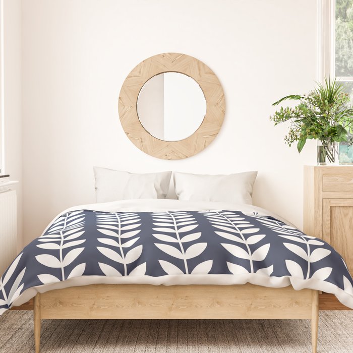 Navy Blue and White Scandinavian leaves pattern Duvet Cover Gallery Image 3