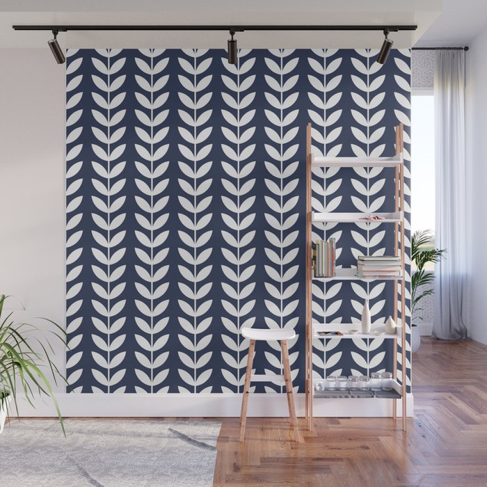 Navy Blue and White Scandinavian leaves pattern Wall Mural Gallery Image 1