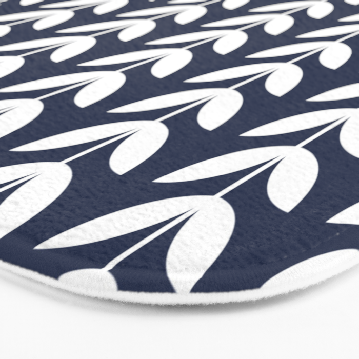 Navy Blue and White Scandinavian leaves pattern Bath Mat Gallery Image 3