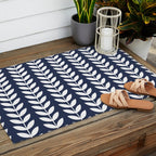 Navy Blue and White Scandinavian leaves pattern Outdoor Rug Gallery Image 2