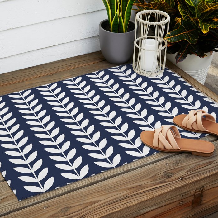 Navy Blue and White Scandinavian leaves pattern Outdoor Rug Gallery Image 2