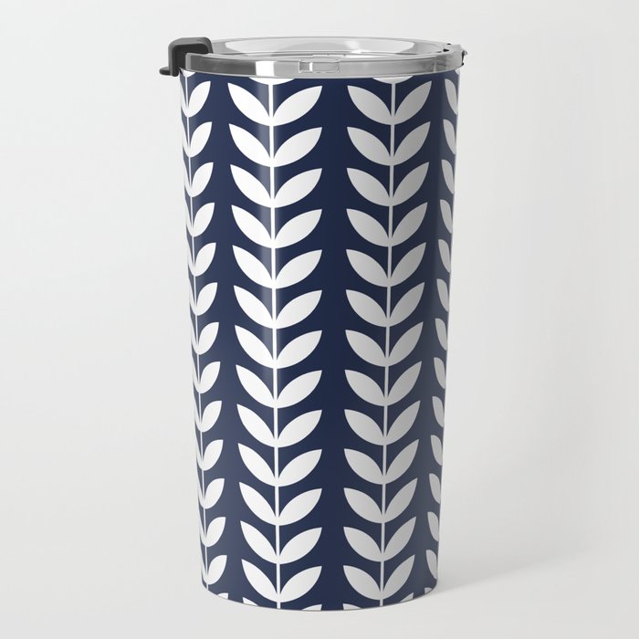 Navy Blue and White Scandinavian leaves pattern Travel Mug Gallery Image 3