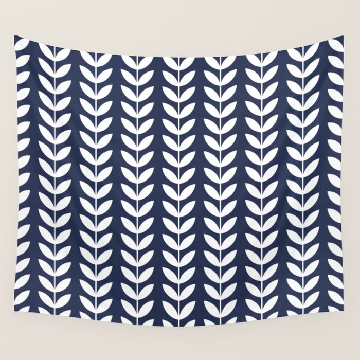Navy Blue and White Scandinavian leaves pattern Wall Tapestry Gallery Image 1