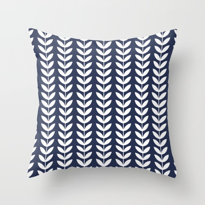 Navy Blue and White Scandinavian leaves pattern Throw Pillow Gallery Image 1