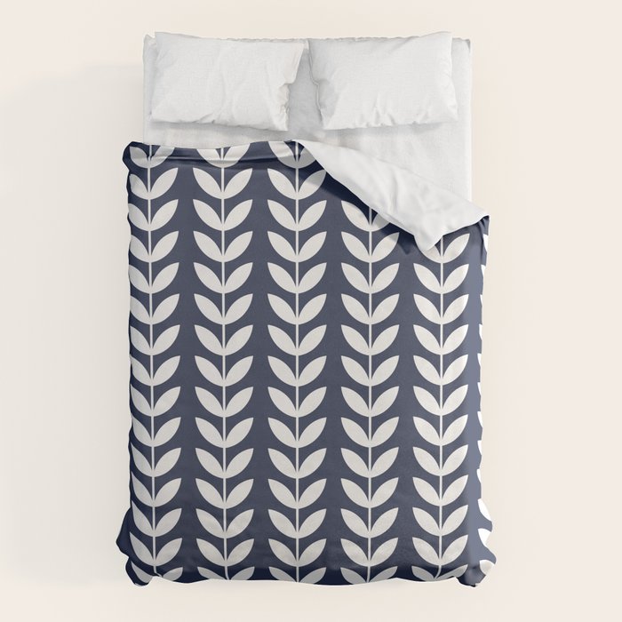 Navy Blue and White Scandinavian leaves pattern Duvet Cover Gallery Image 6