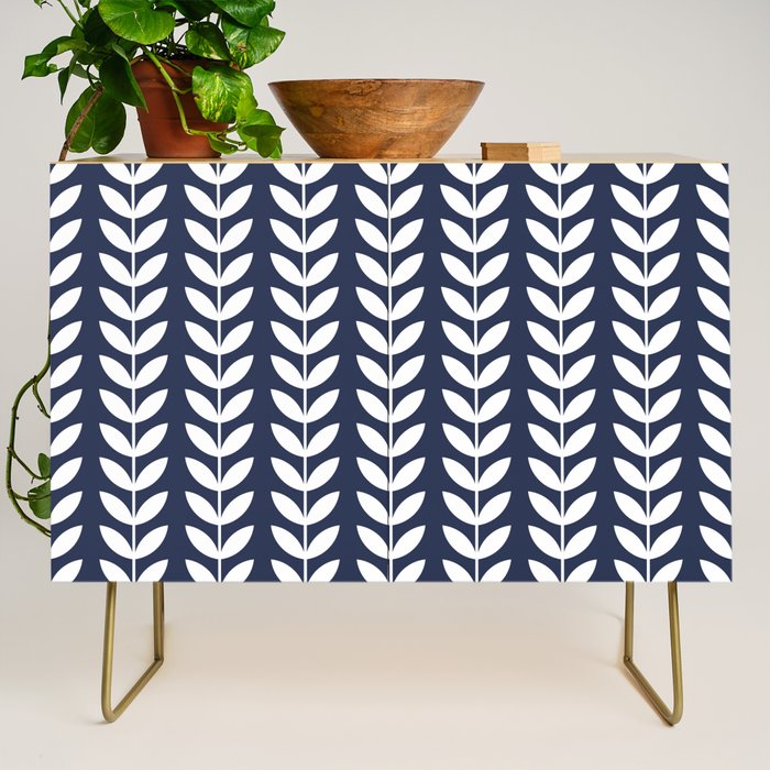 Navy Blue and White Scandinavian leaves pattern Credenza Gallery Image 1