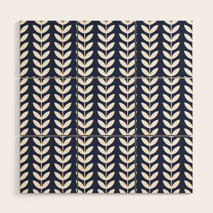 Navy Blue and White Scandinavian leaves pattern Wood Wall Art Gallery Image 1