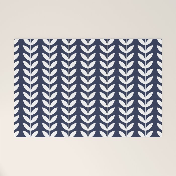 Navy Blue and White Scandinavian leaves pattern Welcome Mat Gallery Image 1